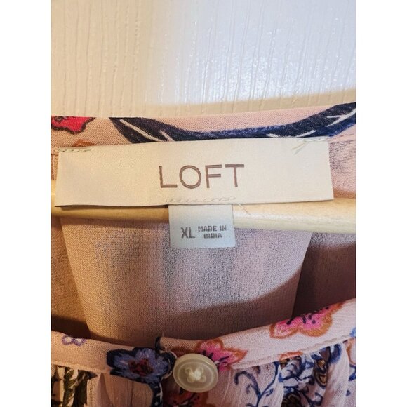 Loft Bloom Bubble Sleeve Henley Top XL Floral Lined Pink Round Neck Buttons - Picture 5 of 6